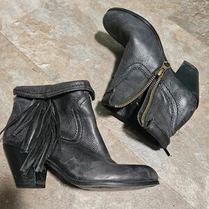 Sam Edelman "Louis" Black Leather Fringe Booties Sz 7.5